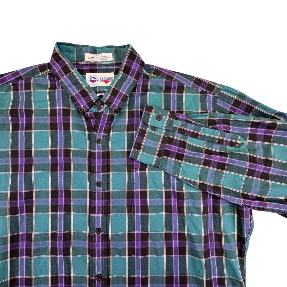 Arrow‎ Brigade Shirt Men's XL Vintage Fitted Button Down Long Sleeve Plaid Teal